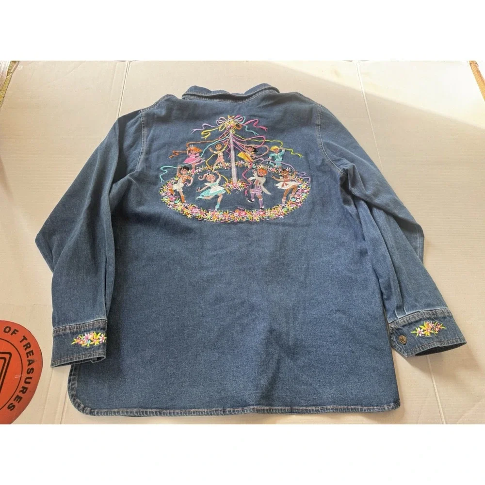 VTG Y2K Bob Mackie Wearable Art Embroidered Maypole Denim Button Down‎ Sz Medium